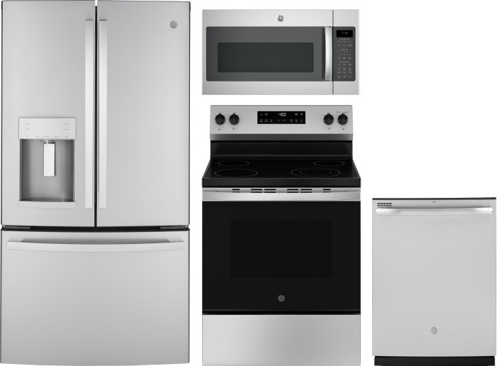 GE 4 Piece Kitchen Appliances Package with French Door Refrigerator, Electric Range, Over the Range Microwave and Dishwasher in Stainless Steel GERERA