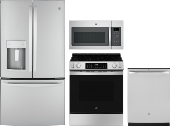GE 4 Piece Kitchen Appliances Package with French Door Refrigerator, Electric Range, Over the Range Microwave and Dishwasher in Stainless Steel GERERA