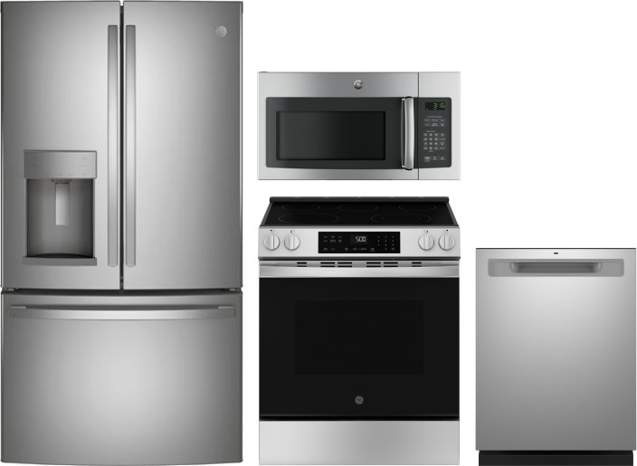 GE 4 Piece Kitchen Appliances Package with French Door Refrigerator, Electric Range, Over the Range Microwave and Dishwasher in Stainless Steel GERERA