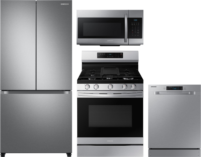 Samsung 4 Piece Kitchen Appliances Package with French Door Refrigerator, Gas Range, Dishwasher and Over the Range Microwave in Stainless Steel SARERA