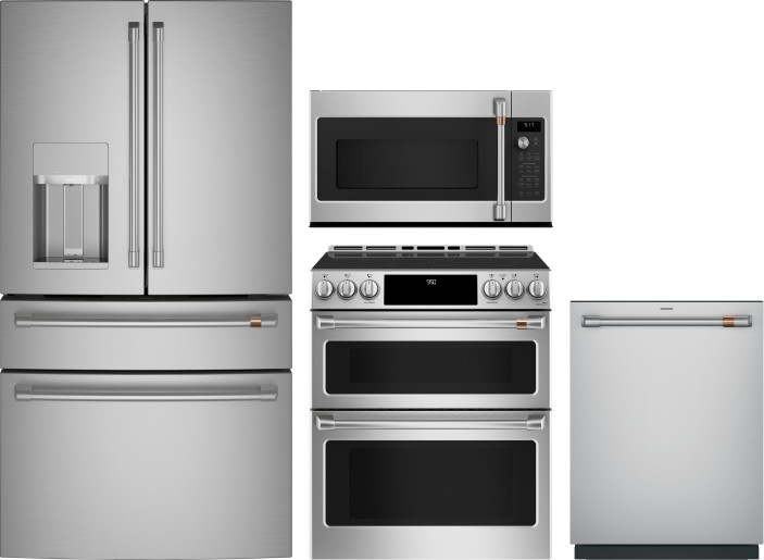 Cafe 4 Piece Kitchen Appliances Package with French Door Refrigerator, Induction Range, Over the Range Microwave and Dishwasher in Stainless Steel CAF