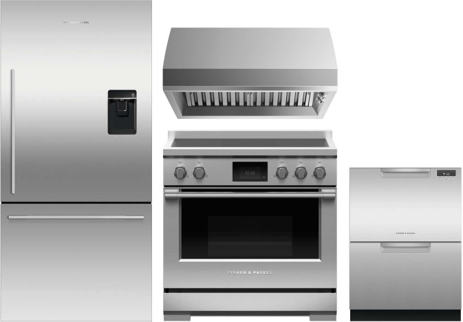 Fisher & Paykel 4 Piece Kitchen Appliances Package with Bottom Freezer Refrigerator, Induction Range and Dishwasher in Stainless Steel FPRERADWRH4123