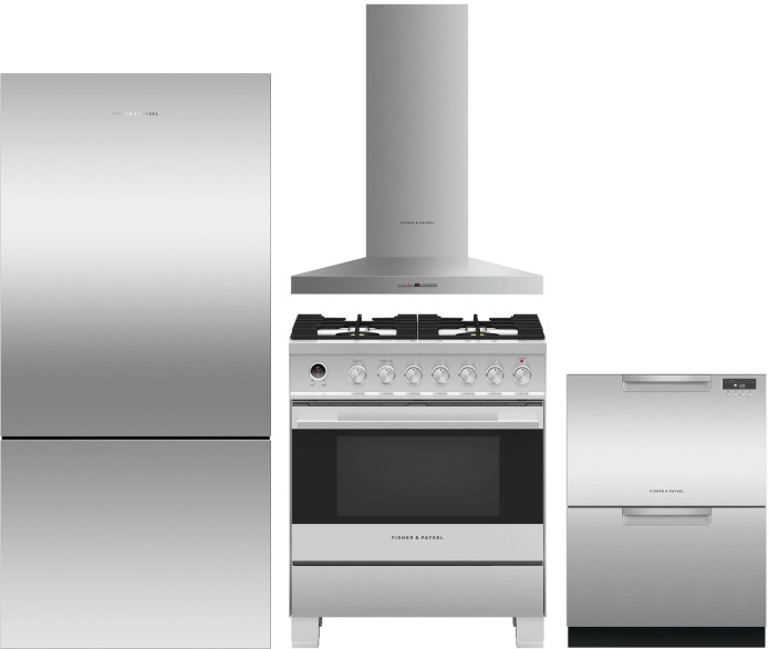 Fisher & Paykel 4 Piece Kitchen Appliances Package with Bottom Freezer Refrigerator, Dual Fuel Range and Dishwasher in Stainless Steel FPRERADWRH4146
