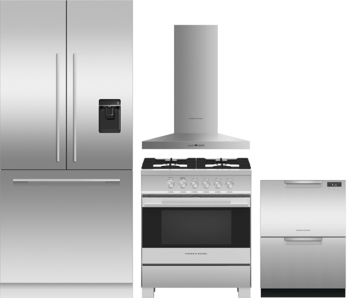 Fisher & Paykel Series 7 Contemporary 4 Piece Kitchen Appliances Package with French Door Refrigerator, Gas Range and Dishwasher in Panel Ready FPRERA