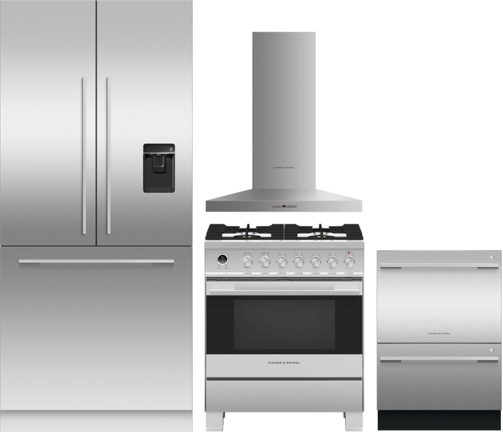 Fisher & Paykel Series 7 Contemporary 4 Piece Kitchen Appliances Package with French Door Refrigerator, Dual Fuel Range and Dishwasher in Panel Ready