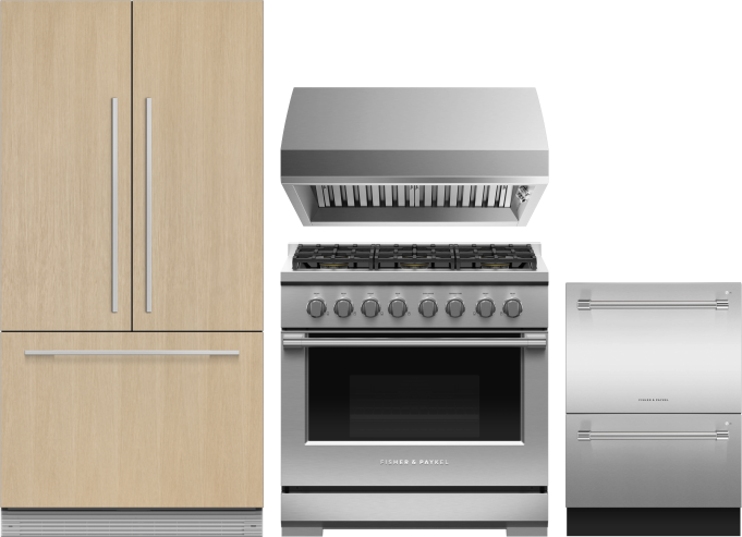 Fisher & Paykel 4 Piece Kitchen Appliances Package with French Door Refrigerator, Gas Range and Dishwasher in Panel Ready FPRERADWRH6543