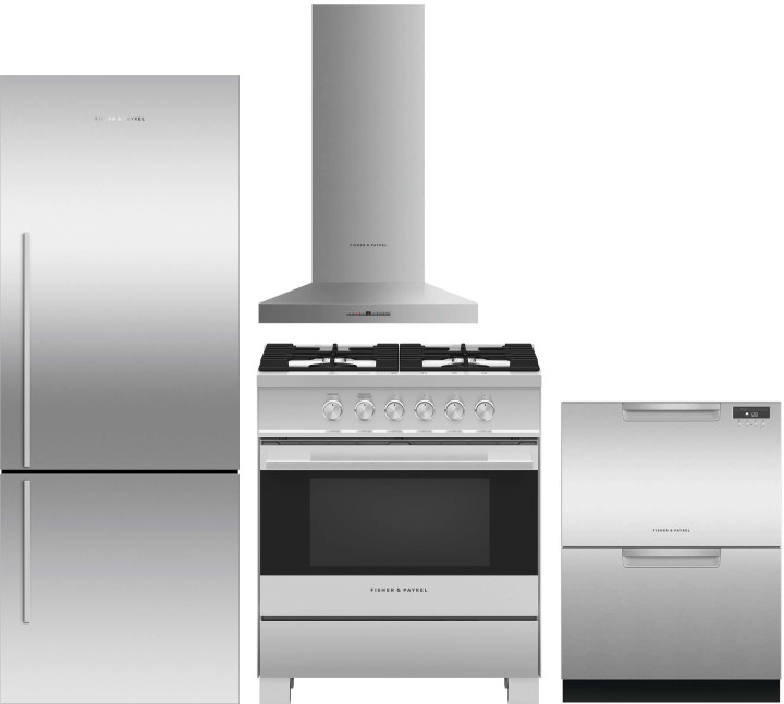 Fisher & Paykel 4 Piece Kitchen Appliances Package with Bottom Freezer Refrigerator, Gas Range and Dishwasher in Stainless Steel FPRERADWRH6563