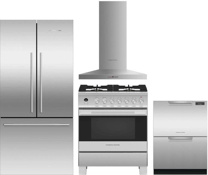 Fisher & Paykel Active Smart Contemporary 4 Piece Kitchen Appliances Package with French Door Refrigerator, Dual Fuel Range and Dishwasher in Stainles