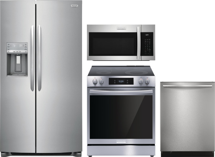 Frigidaire Gallery 4 Piece Kitchen Appliances Package with Side-by-Side Refrigerator, Electric Range, Dishwasher and Over the Range Microwave in Stain