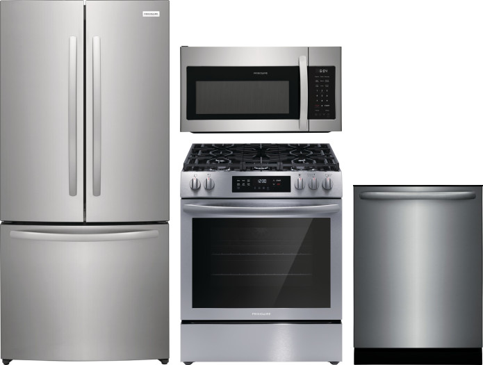 Frigidaire 4 Piece Kitchen Appliances Package with French Door Refrigerator, Gas Range, Dishwasher and Over the Range Microwave in Stainless Steel FRR
