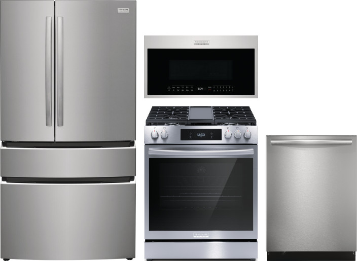 Frigidaire 4 Piece Kitchen Appliances Package with French Door Refrigerator, Gas Range, Dishwasher and Over the Range Microwave in Stainless Steel FRR