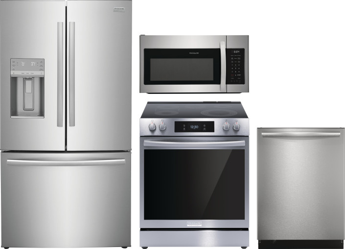 Frigidaire Gallery 4 Piece Kitchen Appliances Package with French Door Refrigerator, Electric Range, Dishwasher and Over the Range Microwave in Stainl
