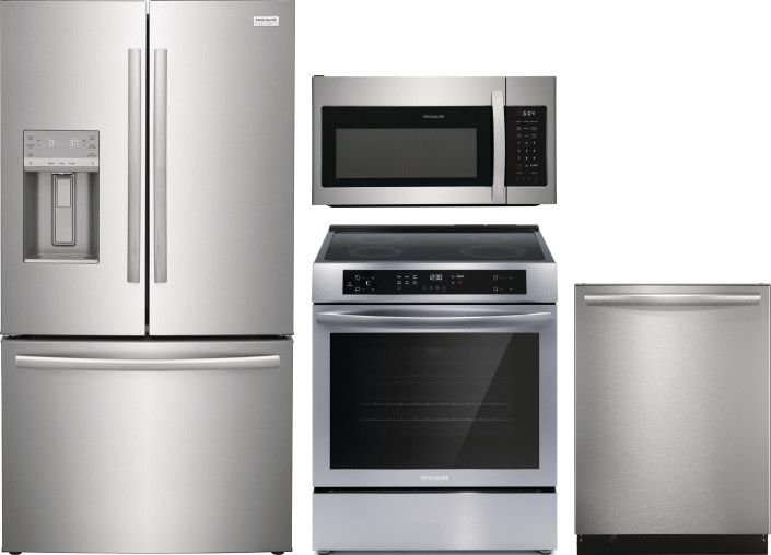 Frigidaire Gallery 4 Piece Kitchen Appliances Package with French Door Refrigerator, Induction Range, Dishwasher and Over the Range Microwave in Stain