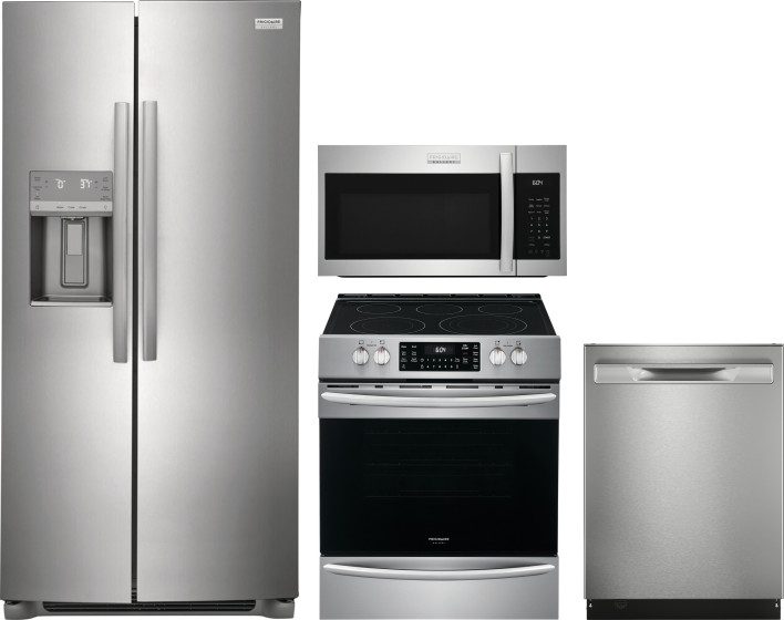Frigidaire Gallery 4 Piece Kitchen Appliances Package with Side-by-Side Refrigerator, Electric Range, Dishwasher and Over the Range Microwave in Stain
