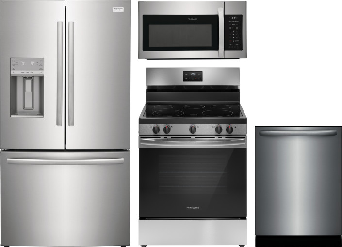 Frigidaire 4 Piece Kitchen Appliances Package with French Door Refrigerator, Electric Range, Dishwasher and Over the Range Microwave in Stainless Stee