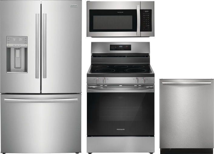 Frigidaire Gallery 4 Piece Kitchen Appliances Package with French Door Refrigerator, Electric Range, Dishwasher and Over the Range Microwave in Stainl