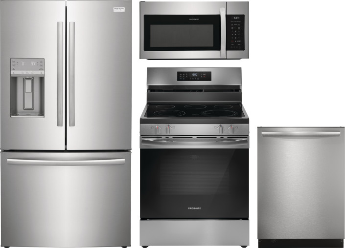 Frigidaire Gallery 4 Piece Kitchen Appliances Package with French Door Refrigerator, Electric Range, Dishwasher and Over the Range Microwave in Stainl