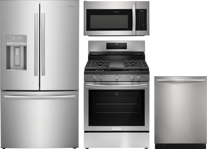 Frigidaire Gallery 4 Piece Kitchen Appliances Package with French Door Refrigerator, Gas Range, Dishwasher and Over the Range Microwave in Stainless S