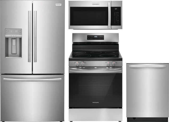 Frigidaire 4 Piece Kitchen Appliances Package with French Door Refrigerator, Electric Range, Dishwasher and Over the Range Microwave in Stainless Stee