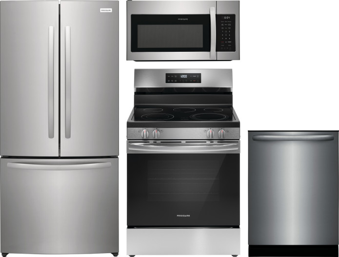 Frigidaire 4 Piece Kitchen Appliances Package with French Door Refrigerator, Electric Range, Dishwasher and Over the Range Microwave in Stainless Stee