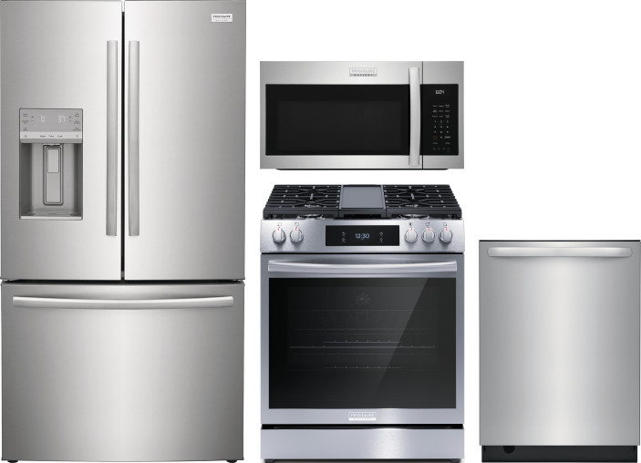 Frigidaire 4 Piece Kitchen Appliances Package with French Door Refrigerator, Gas Range, Dishwasher and Over the Range Microwave in Stainless Steel FRR