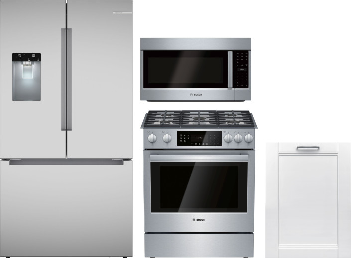 Bosch 4 Piece Kitchen Appliances Package with French Door Refrigerator, Gas Range, Dishwasher and Over the Range Microwave in Stainless Steel BOSCH111