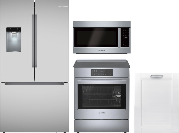 Bosch 4 Piece Kitchen Appliances Package with French Door Refrigerator, Induction Range, Dishwasher and Over the Range Microwave in Stainless Steel BO