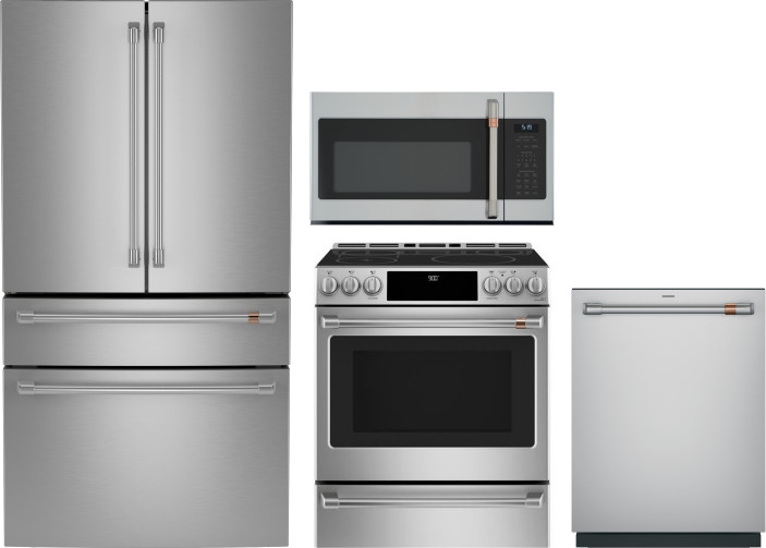 4 Piece Kitchen Appliances Package with French Door Refrigerator, Induction Range, Dishwasher and Over the Range Microwave in Stainless Steel CAFE1111