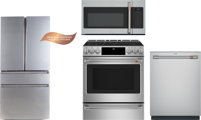 4 Piece Kitchen Appliances Package with French Door Refrigerator, Induction Range, Dishwasher and Over the Range Microwave in Platinum Glass CAFE11112