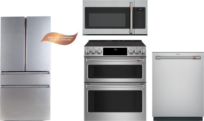 4 Piece Kitchen Appliances Package with French Door Refrigerator, Electric Range, Dishwasher and Over the Range Microwave in Platinum Glass CAFE111124
