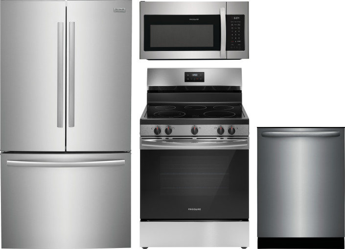 Frigidaire 4 Piece Kitchen Appliances Package with French Door Refrigerator, Electric Range, Dishwasher and Over the Range Microwave in Stainless Stee