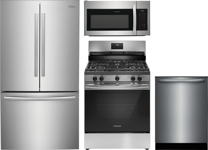 Frigidaire 4 Piece Kitchen Appliances Package with French Door Refrigerator, Gas Range, Dishwasher and Over the Range Microwave in Stainless Steel FRR
