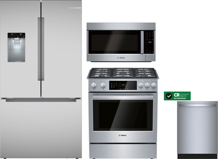 Bosch 4 Piece Kitchen Appliances Package with French Door Refrigerator, Gas Range, Dishwasher and Over the Range Microwave in Stainless Steel BOSCH111