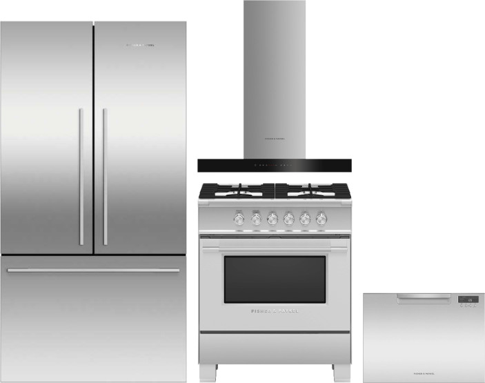 Fisher & Paykel Active Smart 4 Piece Kitchen Appliances Package with French Door Refrigerator, Gas Range and Dishwasher in Stainless Steel FPRERADWRH6