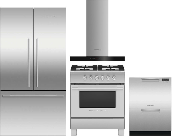 Fisher & Paykel Series 7 Contemporary 4 Piece Kitchen Appliances Package with French Door Refrigerator, Gas Range and Dishwasher in Stainless Steel FP