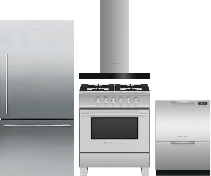 Fisher & Paykel 4 Piece Kitchen Appliances Package with Bottom Freezer Refrigerator, Gas Range and Dishwasher in Stainless Steel FPRERARHDW5