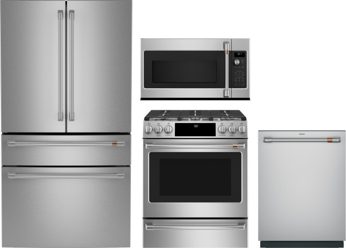 4 Piece Kitchen Appliances Package with French Door Refrigerator, Gas Range, Dishwasher and Over the Range Microwave in Stainless Steel CAFRERADWMW938