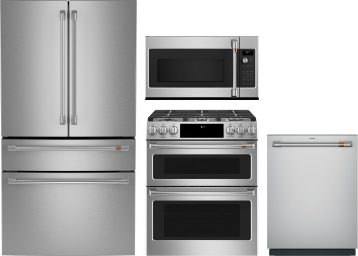 4 Piece Kitchen Appliances Package with French Door Refrigerator, Gas Range, Dishwasher and Over the Range Microwave in Stainless Steel CAFRERADWMW938