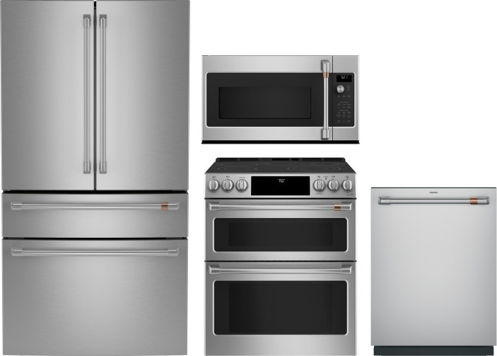 4 Piece Kitchen Appliances Package with French Door Refrigerator, Electric Range, Dishwasher and Over the Range Microwave in Stainless Steel CAFRERADW