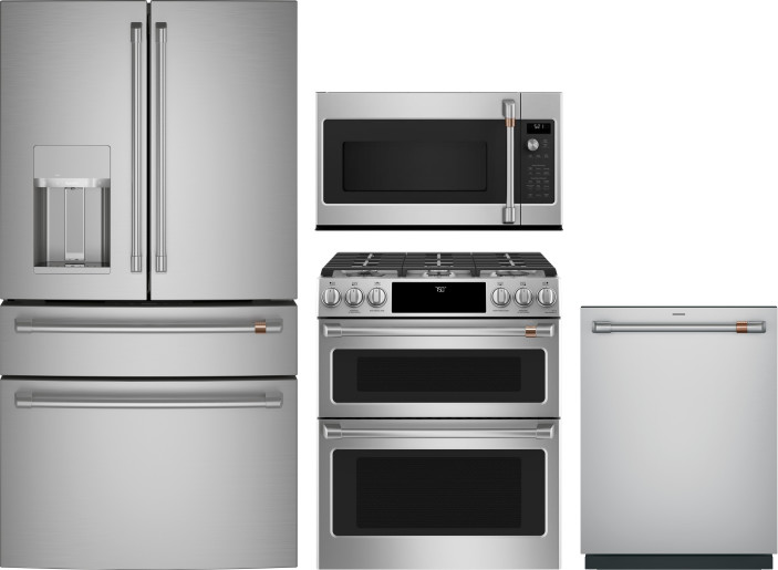 Cafe 4 Piece Kitchen Appliances Package with French Door Refrigerator, Gas Range, Dishwasher and Over the Range Microwave in Stainless Steel CAFRERADW