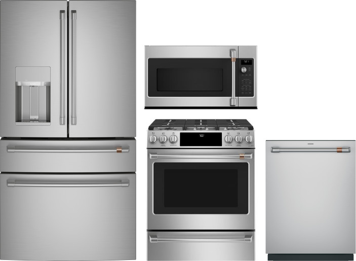 Cafe 4 Piece Kitchen Appliances Package with French Door Refrigerator, Gas Range, Dishwasher and Over the Range Microwave in Stainless Steel CAFRERADW