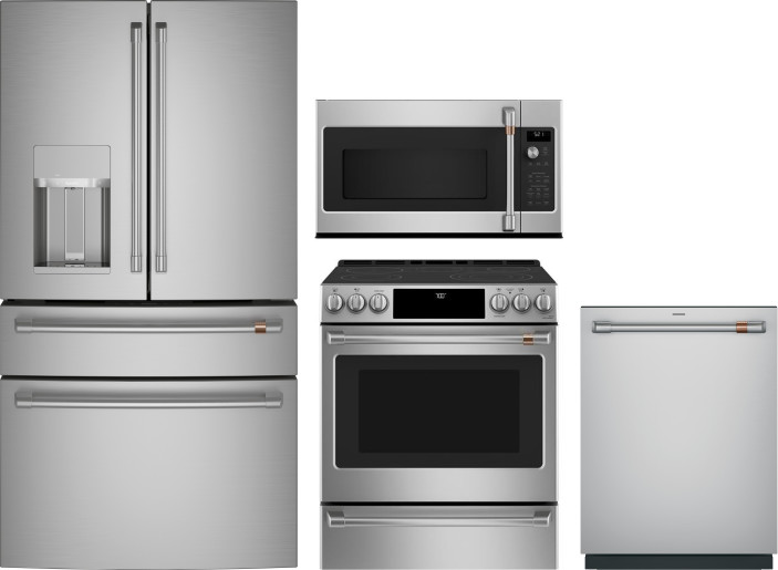 Cafe 4 Piece Kitchen Appliances Package with French Door Refrigerator, Electric Range, Dishwasher and Over the Range Microwave in Stainless Steel CAFR