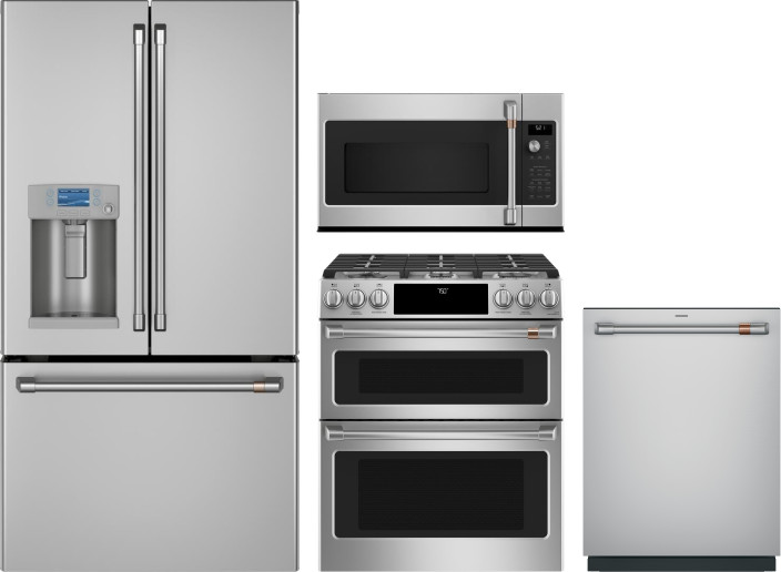 Cafe 4 Piece Kitchen Appliances Package with French Door Refrigerator, Gas Range, Dishwasher and Over the Range Microwave in Stainless Steel CAFRERADW