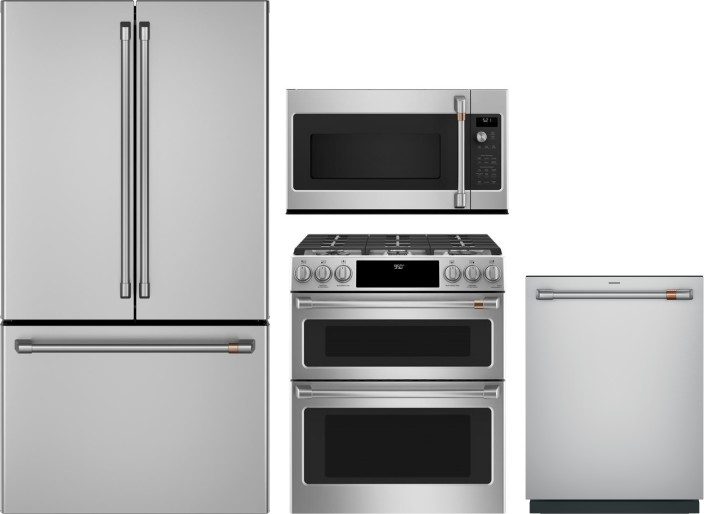 Cafe 4 Piece Kitchen Appliances Package with French Door Refrigerator, Dual Fuel Range, Dishwasher and Over the Range Microwave in Stainless Steel CAF