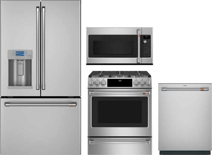 Cafe 4 Piece Kitchen Appliances Package with French Door Refrigerator, Dual Fuel Range, Dishwasher and Over the Range Microwave in Stainless Steel CAF
