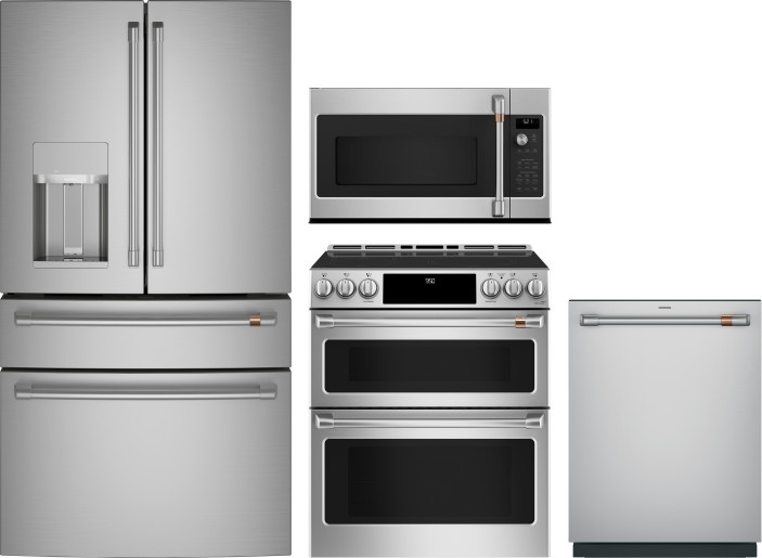 Cafe 4 Piece Kitchen Appliances Package with French Door Refrigerator, Induction Range, Dishwasher and Over the Range Microwave in Stainless Steel CAF