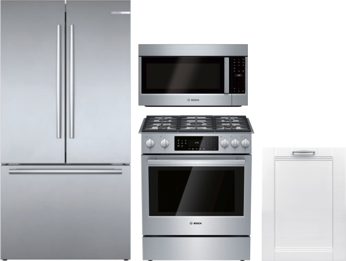 Bosch 4 Piece Kitchen Appliances Package with French Door Refrigerator, Gas Range, Dishwasher and Over the Range Microwave in Stainless Steel BORERADW