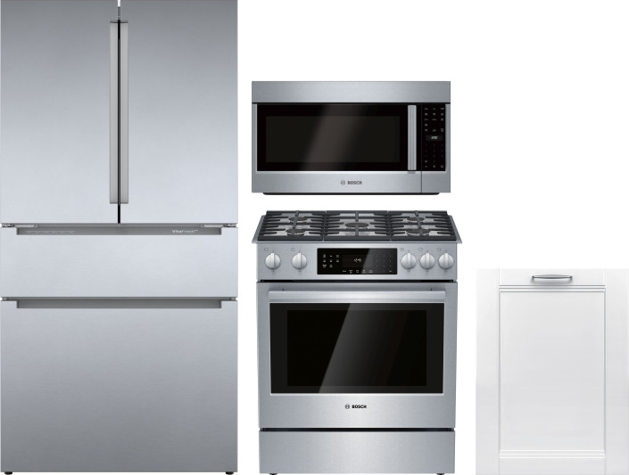 Bosch 4 Piece Kitchen Appliances Package with French Door Refrigerator, Gas Range, Dishwasher and Over the Range Microwave in Stainless Steel BORERADW