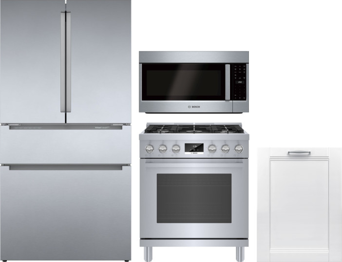 Bosch 4 Piece Kitchen Appliances Package with French Door Refrigerator, Gas Range, Dishwasher and Over the Range Microwave in Stainless Steel BORERADW