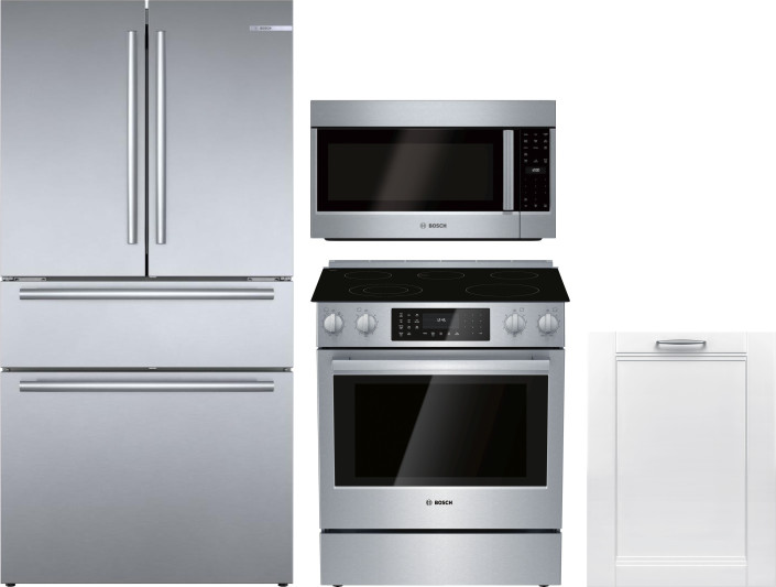 Bosch 4 Piece Kitchen Appliances Package with French Door Refrigerator, Electric Range, Dishwasher and Over the Range Microwave in Stainless Steel BOR
